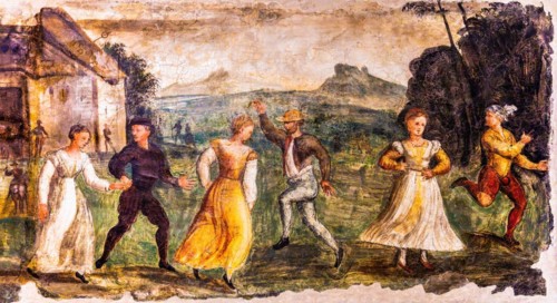Rural dance, Termpera mural painting, c. 1540, Museo Civico d'Arte, Palzuo Ricchieri, historic