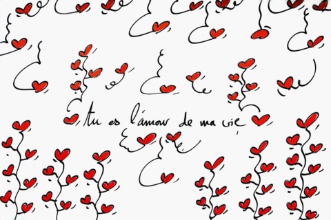 Street art, painted house wall with hearts and lettering on the theme of love, Montmartre, Paris,