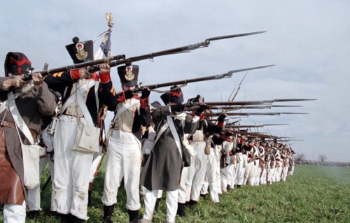 Actors in historical uniforms re-enact the battle in historical battle scenes on the 185th