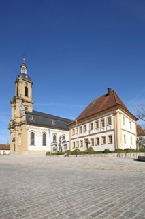 Gothic Mauritius Church with crucifixion group and library, half-timbered house, Wiesentheid, Lower
