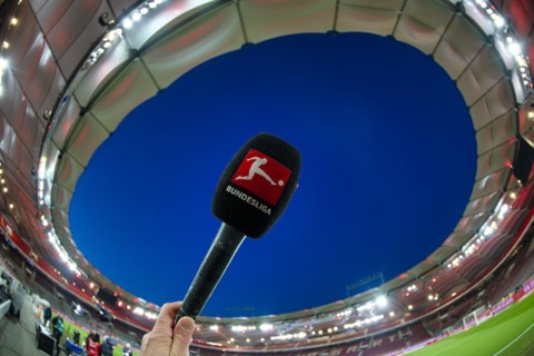 Microphone, microphone, logo, Bundesliga, interior, floodlit match, blue hour, MHPArena, MHP Arena