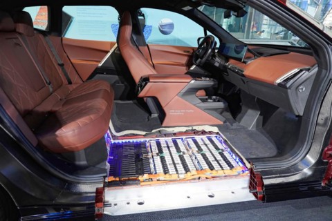 Open view of an electric car with a view of the battery in the vehicle floor, BMW WELT, Munich,