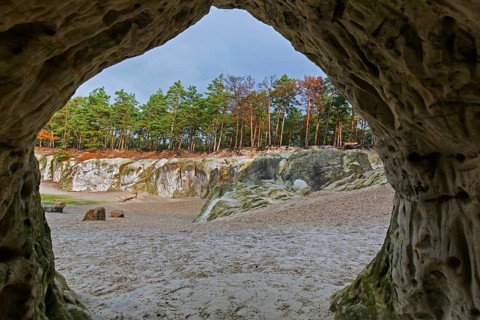 Engravings in the Sandhoehlen, sandstone caves in forest called Im Heers below the crags of