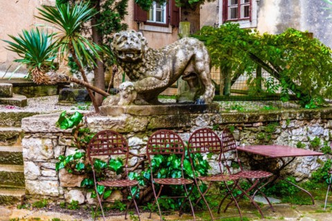 Inner courtyard, Duino Castle, with spectacular sea view, private residence of the Princes of Thurn