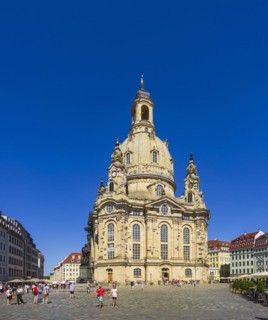 Tourist scene in front of the Church of Our Lady on the Neumarkt in Dresden, Saxony, Germany, for