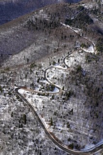 Aerial view, Col du Pas de la Graille, pass, road, snow, winter, curvy, Lure, Sisteron, France,