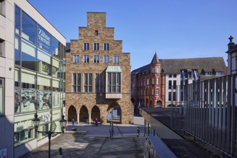 Old town hall and commercial building in the city centre of Minden, Muehlenkreis Minden-Luebbecke,