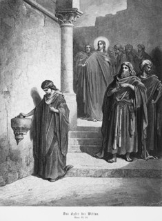 The Widow's Offering, Gospel of Mark, Chapter 12, Jesus, halo, offering box, money, coin, penny,