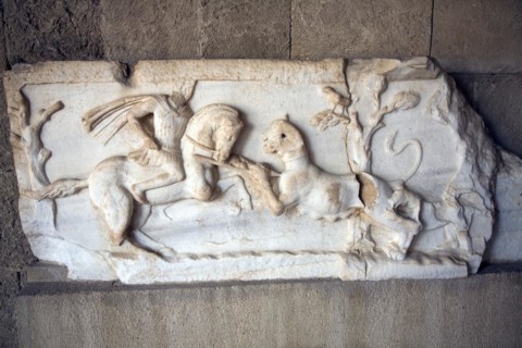 Hellenistic marble stone relief plaque hunting scene Roman Tetrapylon, Archaeological museum,