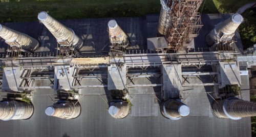 Aerial view of the shaft kiln battery in the Ruedersdorf Museum Park. The shaft kiln battery with