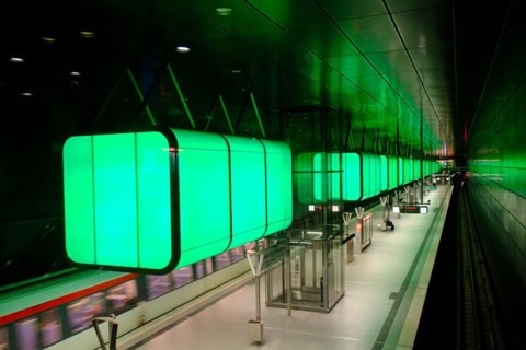 Hafencity University underground station, coloured light containers, Hanseatic City of Hamburg,