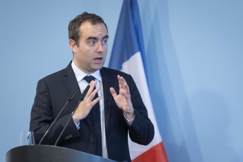 Sebastien Lecornu, French Minister of Defence, recorded during a press statement in Berlin, 22.03