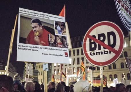 Pegida demonstration at the theatre square in Dresden. At this rally, Pegida founder Bachmann