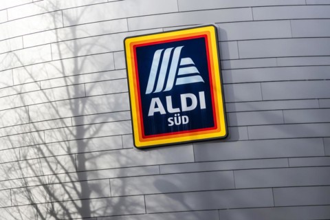 Discounter Aldi. Logo on the facade of a shop in Stuttgart, Baden-Wuerttemberg, Germany, Europe