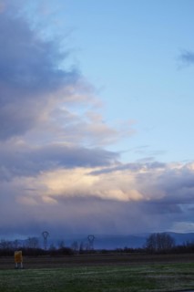 Weather change with mighty light to grey-blue clouds illuminated by the evening sun over the Black