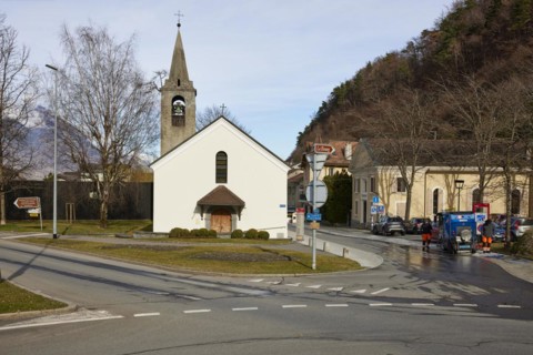 Bell tower with church Clocher de la chapelle St. Michel in Martigny, district of Martigny, canton