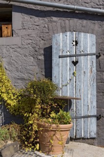 Old farmhouse, facade, decorated, flower pots, knotweed (Fallopia baldschuanica), weathered wooden