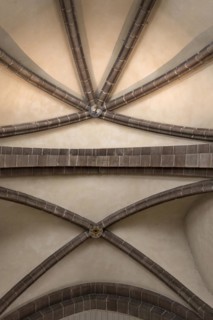 Vault keystones, rosette and Lamb of God, Agnus Dei, St Clare's Church, founded in 1273,