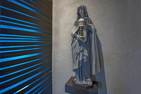 Sculpture by Caritas Pirckheimer at the entrance to St Mary's Chapel, St Clare's Church,