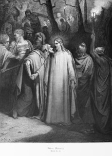 Judas betraying Jesus, Gospel of Matthew, chapter 26, halo, traitor, disciple, sticks, torch, kiss,