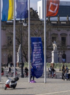 Flagpoles in front of the entrance to the Humboldt Forum, Berlin, Germany, Europe