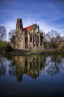 St John's Church, Reflection in the Lake of Fire, Stuttgart-West, Stuttgart, Baden-Wuerttemberg,