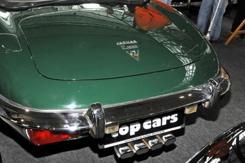 RETRO CLASSICS 2010, Stuttgart Messe, Shiny green Jaguar E-Type shown from behind at an exhibition,