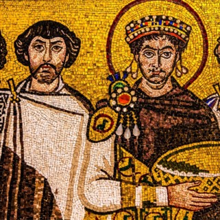 Parade of Justitian, mosaic copy, Basilica of San Vitale, Ravenna, 6th century, mosaic school