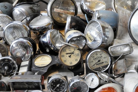 RETRO CLASSICS 2010, Stuttgart Trade Fair, Collection of vintage car parts such as headlights and