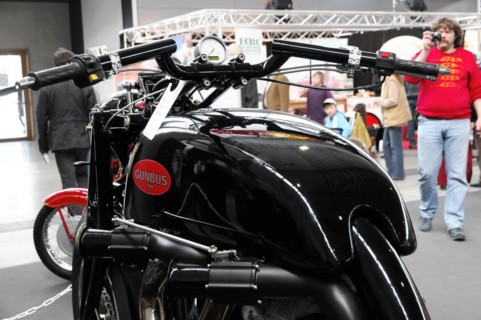 RETRO CLASSICS 2010, Stuttgart Messe, Close-up of the handlebars of a black GUNBUS motorbike,