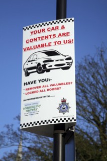 Police sign warning of theft from cars, Suffolk, England, UK