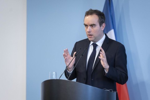 Sebastien Lecornu, French Minister of Defence, recorded during a press statement in Berlin, 22.03