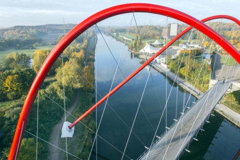 Aerial view of the double arch bridge, 28 October 2015. The Nordsternpark double arch bridge is a