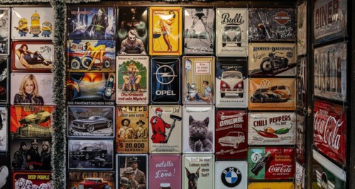 Vintage, nostalgic metal advertising signs, Berlin, Germany, Europe