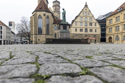 Schillerplatz square with Schiller monument, town hall tower, collegiate church and fruit cellar,