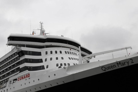 View of the wheelhouse and the bow of the Queen Mary 2 of the Cunard Line, Hamburg, Hanseatic City