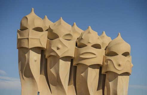 Roof with chimneys, La Pedrera, Casa Mila by Antoni Gaudi, Barcelona, Catalonia, Spain, Europe