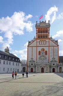 Forecourt with Romanesque St Matthias Church and Benedictine Abbey, People, Trier,