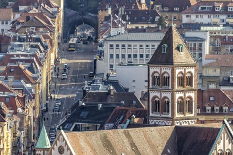 City view with St Elisabeth's Catholic Church, Schwabstrasse and Schwabtunnel, dense development