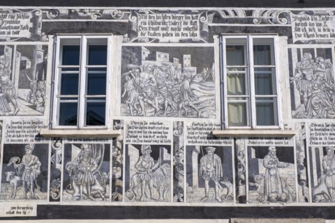 House facade with wall painting from the Renaissance period, sgraffito house, main square, Weitra,