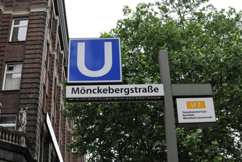 Street signs of the Hamburg underground station Moenckebergstrasse with direction indicator U3,