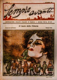 The kiss of victory, caricature in the Sempre Avanti soldier's zine, 1918, Museum of the