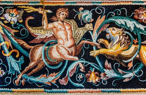 Centaur against Loewe, mosaic copy, Indian Triumph of Dionios, Algeria, 3rd century, mosaic school