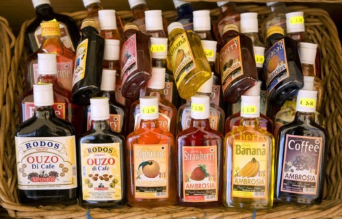 Bottles of different varieties of ouzo, Rhodes, Greece, Europe