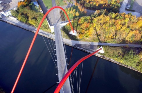 Aerial view of the double arch bridge, 28 October 2015. The Nordsternpark double arch bridge is a