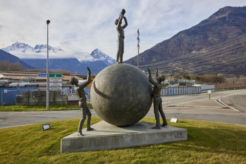 Public art object Le Visionnaire, The Visionary by Michel Favre at the roundabout in Martigny,