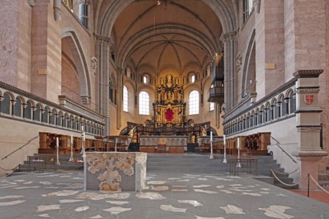 Choir room with high altar in UNESCO St Peter's Cathedral, chancel, interior view, Trier,