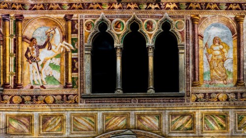 Palazzo Dipinto, facade with painted frescoes, historic city centre, Spilimbergo, Friuli, Italy,