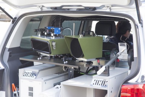 Police vehicle with speed measurement equipment, speed camera, 16.04.2015