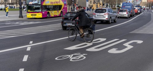 Combined bus and cycle lane, Unter den Linden Palace Bridge, Berlin-Mitte, Germany, Europe